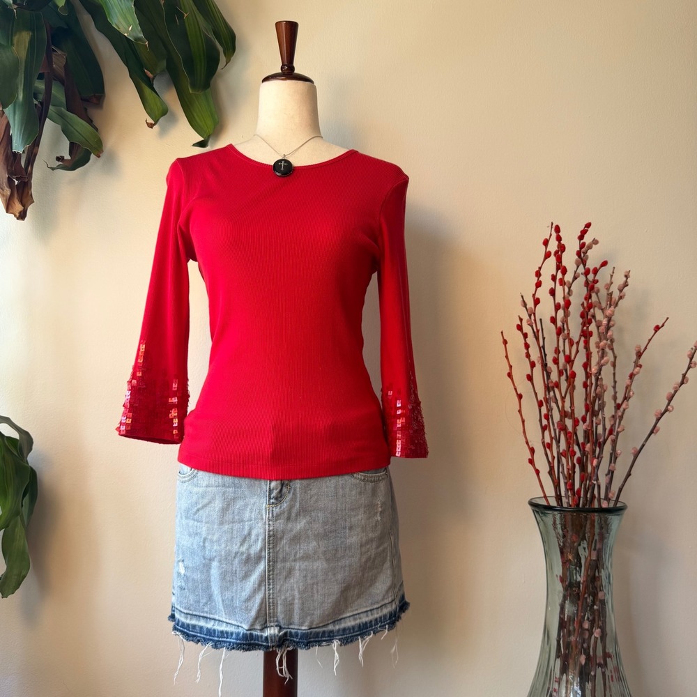 Coldwater Creek y2k Red Sequin Top 3/4 Sleeve Small whimsigoth fairycore 90s